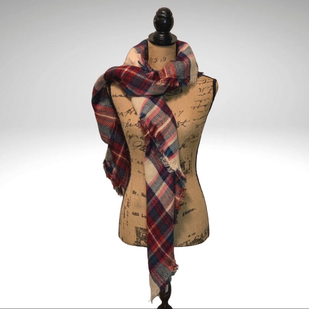 NWT Lulus Multicolored Plaid Scarf Fringed Border Oversized Square 52x52”